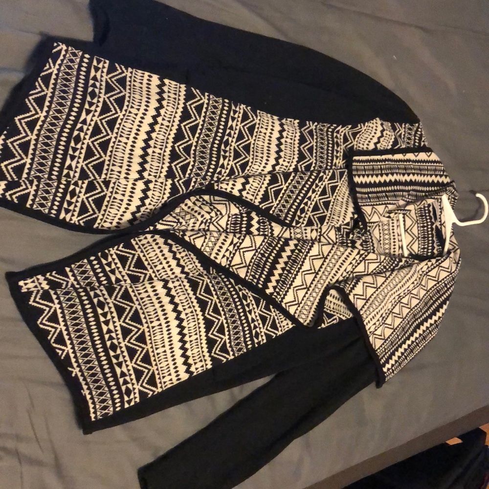 Black and white crochet draped cardigan
